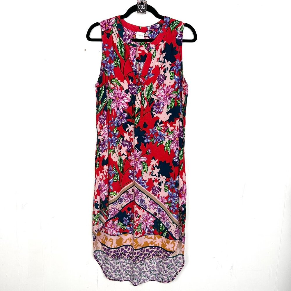 Cupio Dress Red Colorful Floral Sleeveless High Low Hem Notched Neck XL